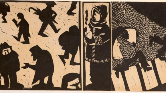 Linogravure d'Adeline Rognon représentant, dans trois cases, des silhouettes, une personne en manteau et des personnes sous un parapluie