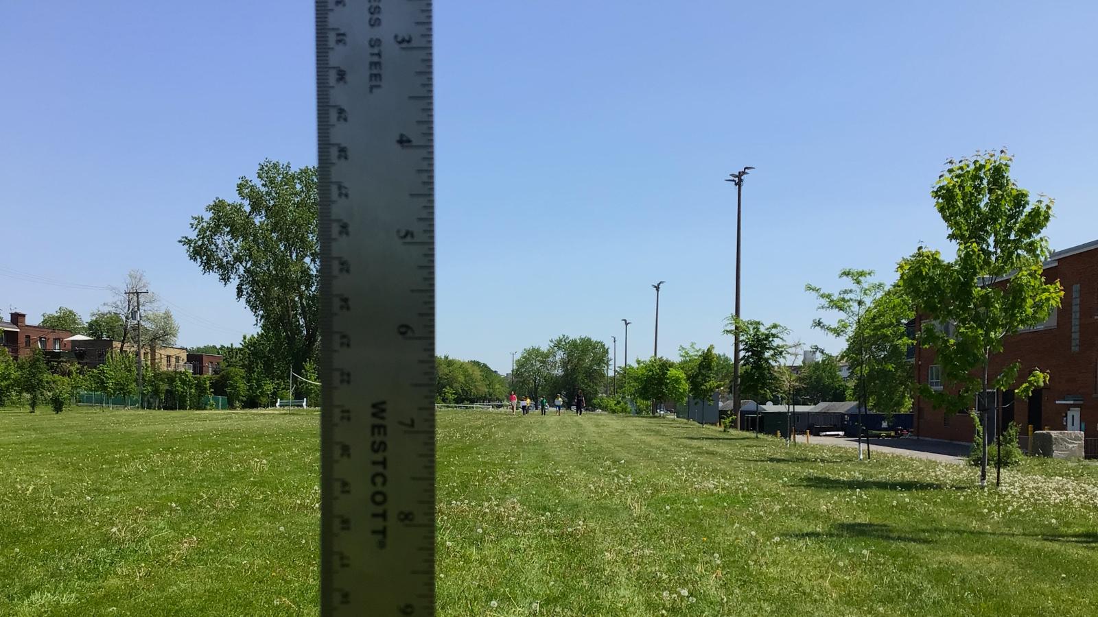 Projet Grandir Une règle se situe dans l’avant-plan d’une photo d’un parc. On peut déceler un groupe de participant·e·s en arrière-plan. Crédit photo @ Yves Amyot